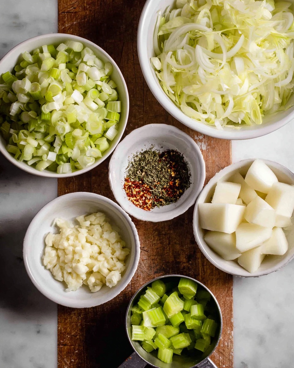 The image shows six white bowls and a metal measuring cup placed on a white marbled surface. The largest white bowl at the top left is filled with light green, chopped leeks with a soft texture. Below it, there is a medium-sized white bowl filled with pale yellow, thinly sliced onions that have a slight shine. To the right of the onion bowl, a smaller white bowl contains a mix of dried herbs and red pepper flakes, showing different textures and dark green, brown, and red colors. Above and slightly to the right, a small white bowl holds finely chopped garlic in a creamy white color with a moist look. Next to it, a medium white bowl is filled with white, cubed potatoes that appear firm. At the bottom center, a metal measuring cup contains small, bright green celery pieces with a fresh and crisp look. photo taken with an iphone --ar 4:5 --v 7