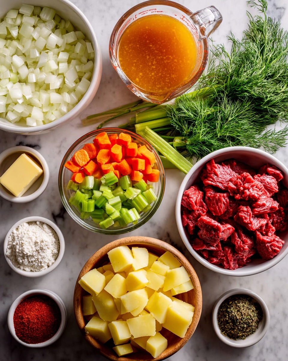 The image shows various ingredients neatly arranged on a white marbled surface. There is a large white bowl filled with small, chopped white onions on the left side. Next to it, a clear glass bowl holds diced orange carrots and green celery pieces, placed on top of a bunch of fresh, green dill. Below these, a wooden bowl contains yellow potato chunks with some green dill on top. To the right, a white bowl is filled with red raw beef pieces. Surrounding these main bowls are smaller white and clear bowls containing ingredients like light brown flour, a yellow square of butter, minced garlic, dark pepper, vibrant red paprika powder, and thick, dark red tomato paste. In the upper left corner, a clear glass measuring cup holds orange-colored broth or stock. The arrangement is organized and colorful, with clear contrasts among the ingredients. The photo is taken with an iphone --ar 4:5 --v 7