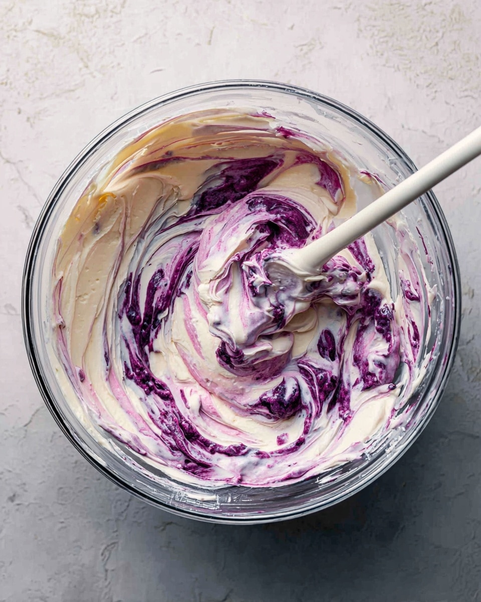 A clear glass bowl holds a creamy mix with two main swirled layers: a smooth, off-white base and thick streaks of deep purple throughout, creating a marbled effect. The texture looks soft and whipped, with the purple portions having a slightly glossy, syrup-like shine. A white measuring spoon rests inside the bowl, partially covered in the mix. The bowl is placed on a white marbled surface, adding to the light and clean look of the scene. Photo taken with an iphone --ar 4:5 --v 7