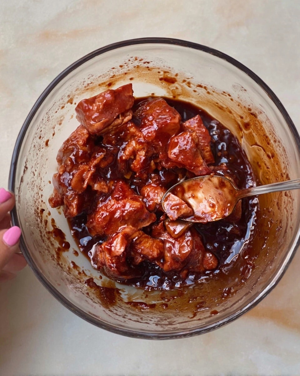 The image shows a clear glass bowl filled with raw pieces of meat covered in a dark reddish-brown sauce. The meat pieces are thick and uneven in shape, partially submerged and coated with the glossy sauce that clings to them, with some sauce splashed on the inner side of the bowl. The bowl sits on a white marbled surface, creating a clean background. A woman's hand with light pink painted nails holds a spoon coated in the same sauce above the bowl, ready to stir. photo taken with an iphone --ar 4:5 --v 7