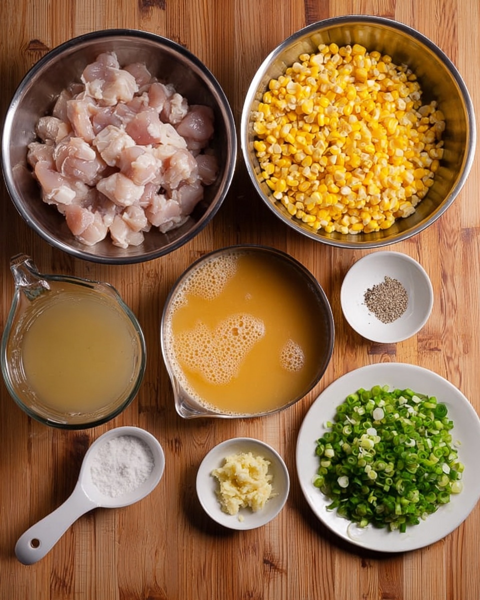 The image shows several metal bowls and small white dishes on a wooden surface. The largest metal bowl contains chopped light pink raw chicken pieces. Another metal bowl holds bright yellow corn kernels. A third metal bowl contains a beaten egg mixture, light orange with bubbles on the surface. Beside these is a clear measuring cup filled with light golden broth. On a white plate are two different shades of chopped green onions, a lighter green on the left and a darker green on the right. A small white bowl holds finely minced pale yellow garlic, another small white bowl has fine black pepper, and a white spoon-shaped dish is filled with white powder, likely a seasoning or salt. The setting is arranged neatly for preparation photo taken with an iphone --ar 4:5 --v 7