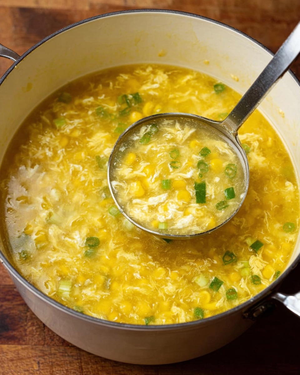 A dark bowl filled with a thick soup that has a yellow base with soft scrambled egg textures mixed throughout. Bright yellow corn kernels are scattered generously on the surface, and there is a line of chopped green onions decorating one side. Some small pieces of white chicken are visible, blending into the yellow soup, with a light drizzle of orange sauce on top. The bowl is placed on a white marbled surface photo taken with an iphone --ar 4:5 --v 7
