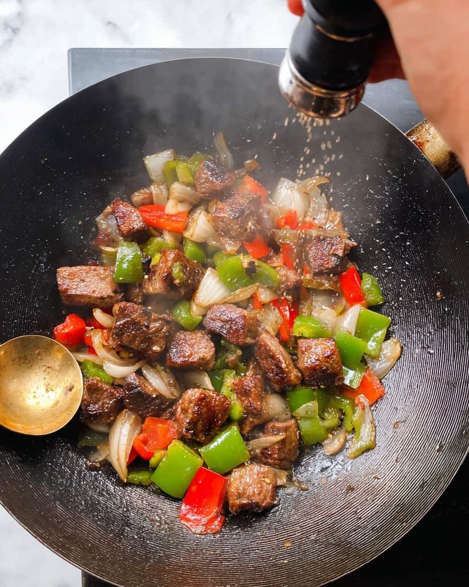 Inside a large cooking pan, there is one layer of light brown cooked noodles spread out evenly. On top of the noodles, near the center, lies a thick square piece of pale yellow butter with a smooth texture. Dark brown sauce is drizzled over the butter and partly on the noodles around it, creating a glossy contrast on the matte surface of the butter and noodles. The pan has a shiny metallic surface reflecting light. The image background is a white marbled texture photo taken with an iphone --ar 4:5 --v 7