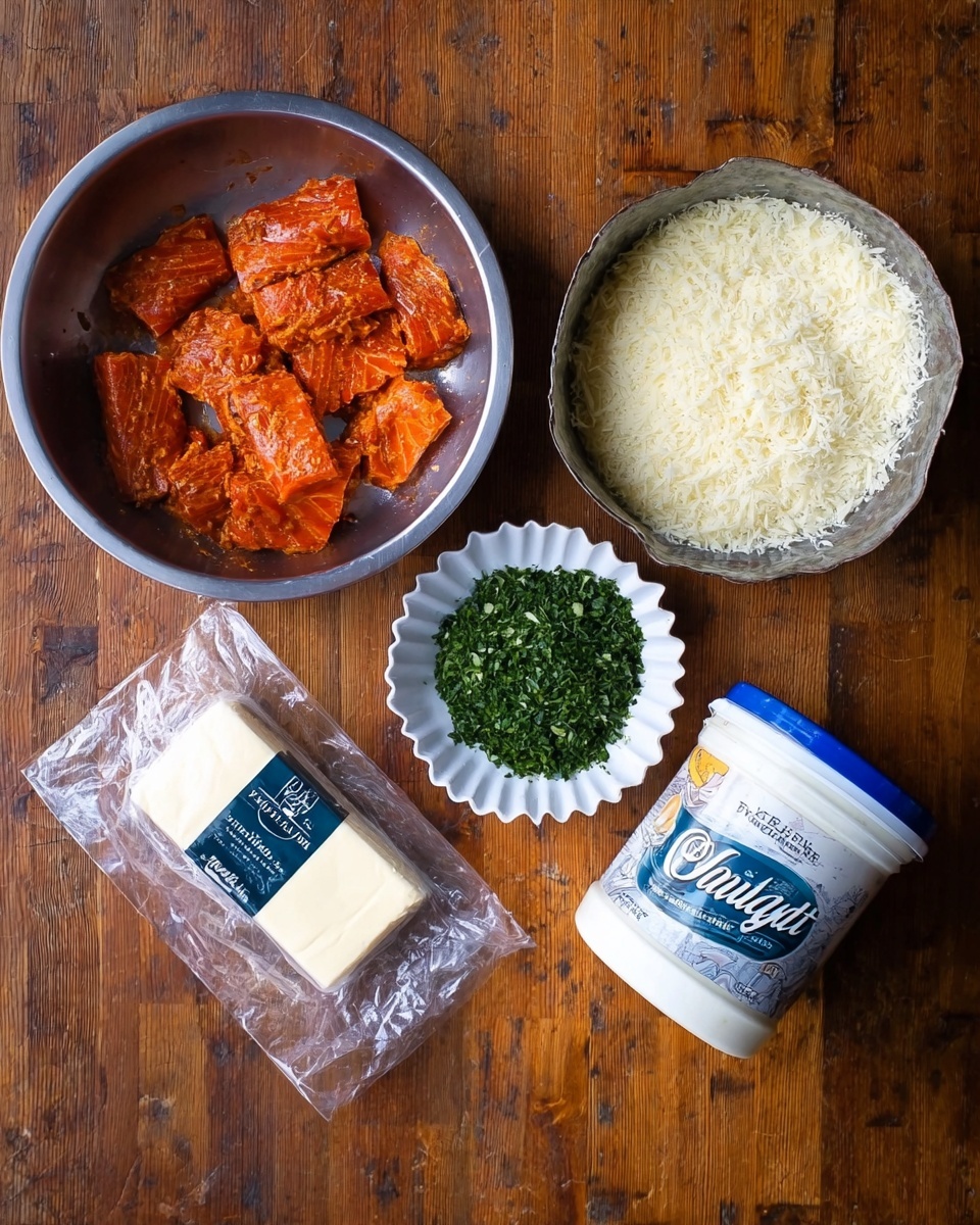 The image shows five cooking ingredients arranged on a wooden surface: a large metal bowl with several pieces of reddish-orange marinated fish, a metal bowl filled with a layer of finely grated pale yellow cheese, a small white fluted bowl containing chopped green herbs, a wrapped block of butter with a dark blue label, and a white plastic jar of thickened cream with a blue lid and label. The ingredients are spread out neatly and clearly visible from above. photo taken with an iphone --ar 4:5 --v 7