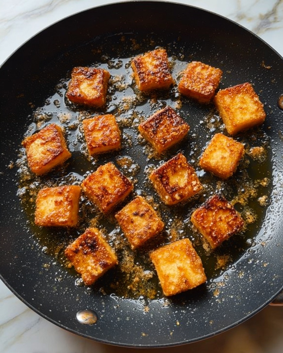 The image shows a black frying pan with sixteen small pieces of golden brown food frying in oil. Each piece is roughly square-shaped with crisp, slightly charred edges and a textured surface that suggests a light seasoning or marinade. The pieces are arranged loosely in the pan, sizzling in a glistening layer of oil, with little bubbles around them. The background is a white marbled surface. photo taken with an iphone --ar 4:5 --v 7