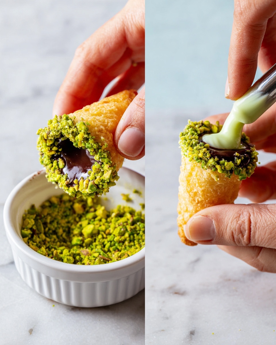 The image shows a stack of six golden-brown pastry cones filled with pale green creamy filling. Each cone is dipped at the open end in dark chocolate, which is studded with chopped green pistachio nuts, creating a crunchy border around the filling. The cones are arranged in a pyramid shape on a round wooden board with rough bark edges, placed on a white marbled surface. In the background, there is a small white bowl filled with finely chopped pistachios, and more pastry cones are slightly out of focus behind it. Two whole pistachios lie at the front right of the scene. The lighting is bright and natural, highlighting the textures of the crispy pastry, smooth filling, shiny chocolate, and crunchy nuts. photo taken with an iphone --ar 4:5 --v 7