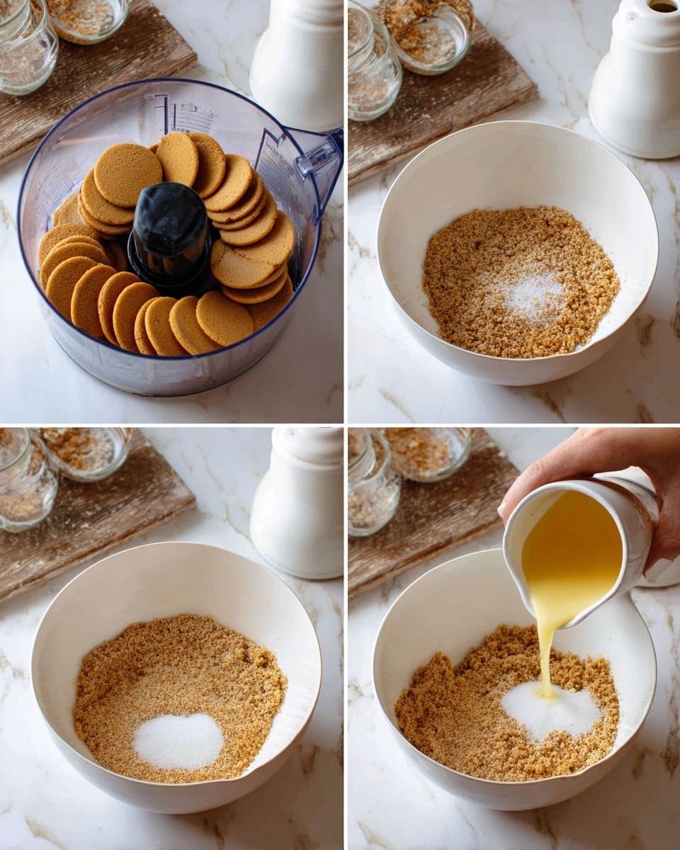 The image shows a sequence of four pictures depicting the process of making a crumb mixture. The first picture has many round golden-brown cookies inside a clear food processor bowl with a black blade piece in the center, all placed on a white marbled surface with a white container and rustic wooden board in the background. The second picture shows fine, light brown cookie crumbs at the bottom of a white mixing bowl, sitting on the same white marbled surface with the same background elements. The third picture shows the white bowl again with a scoop of white granulated sugar added on top of the crumbs. The fourth picture displays a woman's hand pouring a yellow liquid from a white cup into the bowl with the crumbs and sugar. photo taken with an iphone --ar 4:5 --v 7