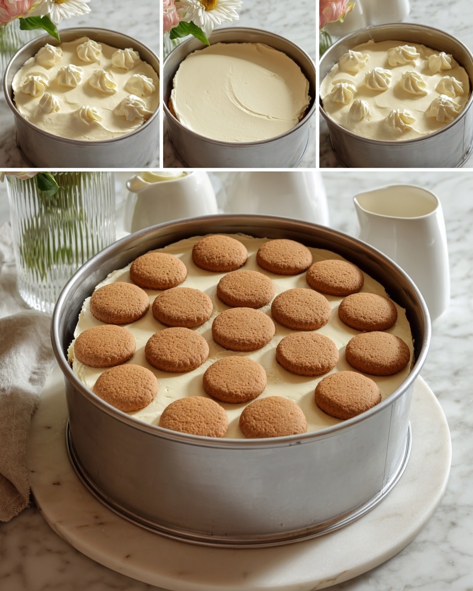 The image shows a round layered banana cheesecake on a wooden board. The bottom layer is a thick, crumbly, golden-brown crust. The middle layer is a creamy pale yellow cheesecake with small specks inside. The top layer is a smooth, light yellow banana cream spread evenly. Around the edge of the top, there is a ring of white whipped cream swirls, each topped with a round brown cookie and a crispy banana chip placed standing up. The cake is placed on a white marbled surface with some banana chips scattered around. Photo taken with an iphone --ar 4:5 --v 7