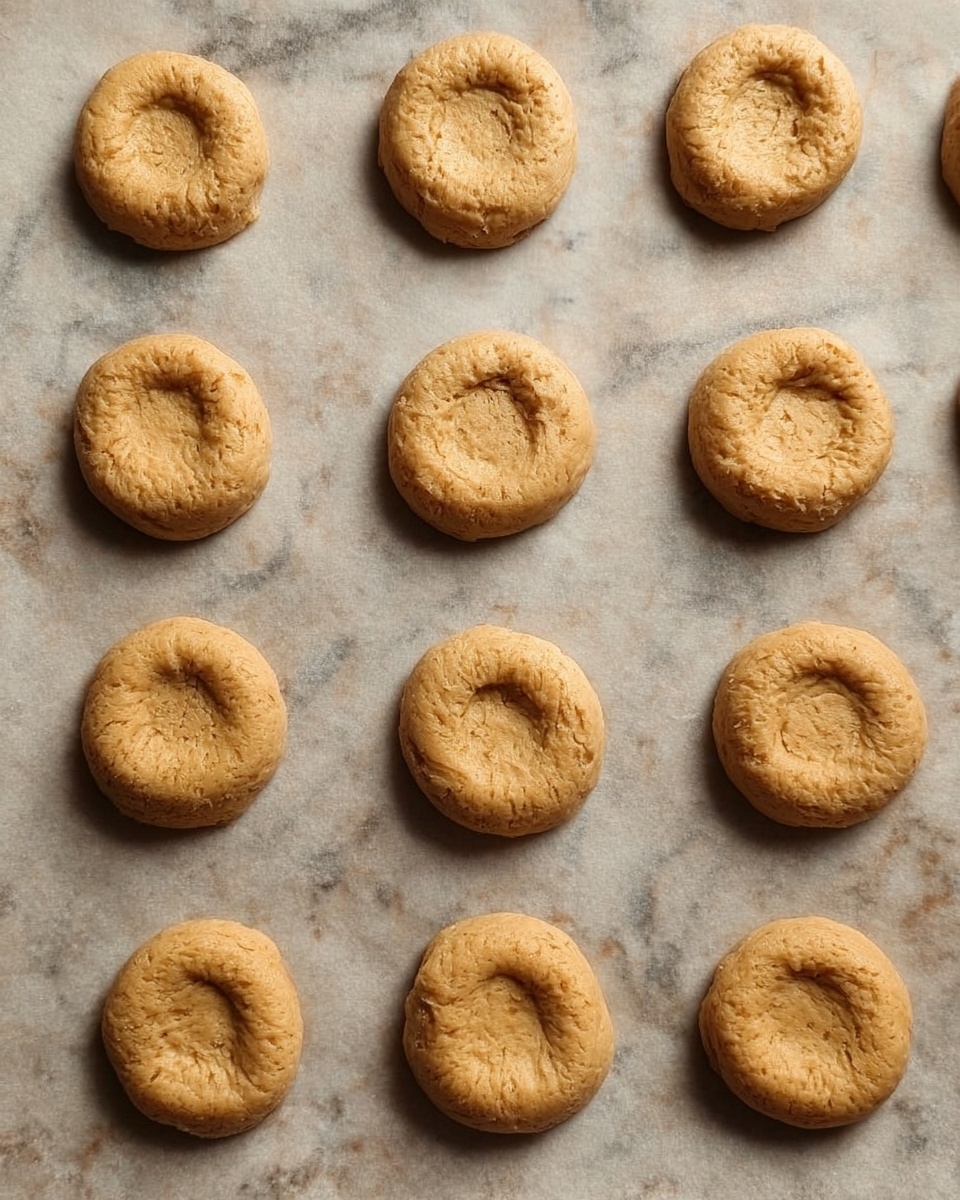 The image shows 16 round dough pieces arranged in a 4 by 4 grid on a sheet of parchment paper. Each dough piece has a slightly golden-brown color with a smooth texture and a small shallow well pressed into the center. The dough looks soft but firm, evenly spaced apart on the parchment. The background surface has a white marbled texture. photo taken with an iphone --ar 4:5 --v 7