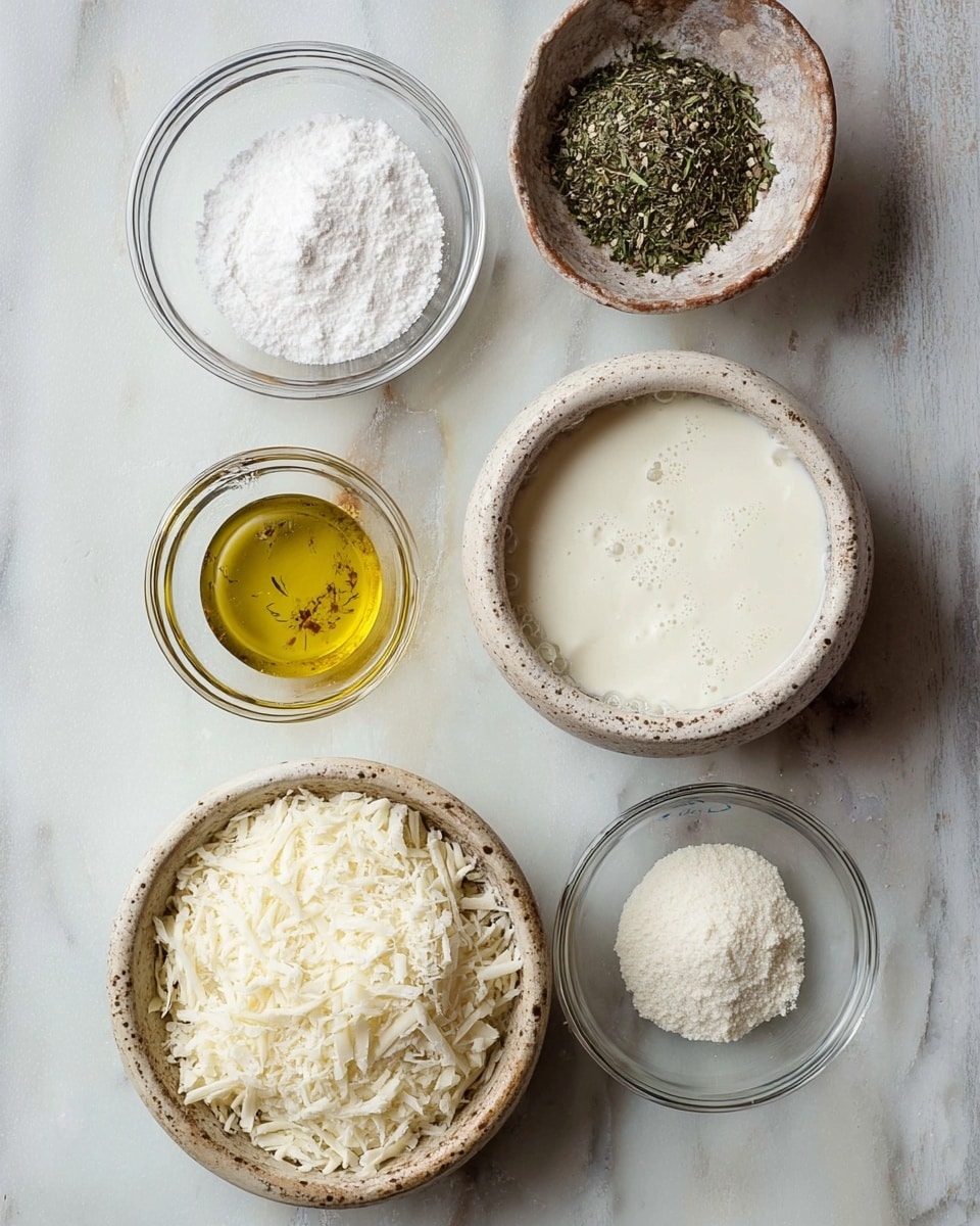The image shows six containers with different ingredients arranged on a white marbled surface. At the top left is a clear glass bowl filled with a foam-like white liquid with small bubbles on the surface. To its right is a small white bowl with golden-yellow oil filling it. Below the oil is a small rustic white plate with brown edges, holding two piles: one of white grated cheese and another of green dried herbs. To the left of this plate, there are three small rustic white dishes with brown edges, each containing a different seasoning: black pepper, salt, and a coarse white powder. At the bottom right, there is a clear glass bowl filled with white flour. The setup is neat and simple, with the ingredients distinctly separated and easy to see. photo taken with an iphone --ar 4:5 --v 7