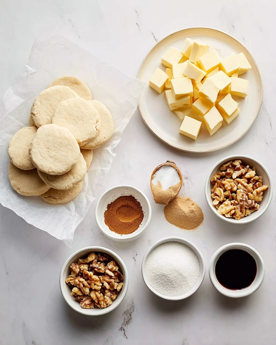The image shows several ingredients arranged neatly on a white marbled surface. On the left, there is a stack of round, flat biscuit dough pieces resting on white parchment paper. To the right, six small white bowls hold different ingredients: one with a mound of cinnamon powder, one filled with white sugar, one with cubed yellow butter on a white plate, one containing light brown sugar, one with chopped walnuts, and one with dark vanilla extract. Each ingredient is clearly visible, and the colors range from white and yellow to brown shades. The overall setup is clean and organized, with a soft natural light highlighting textures and colors. Photo taken with an iphone --ar 4:5 --v 7