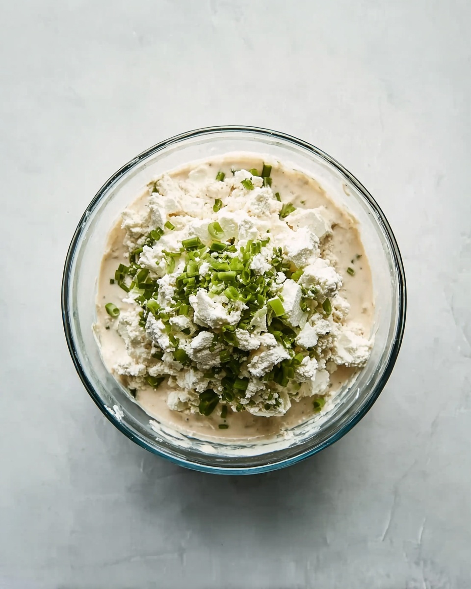A clear glass jar filled with creamy white sauce topped with chunks of blue cheese and small green chive pieces scattered on the surface; a silver spoon is placed inside the jar, slightly submerged in the sauce. The jar rests on a white marbled surface with a blurred piece of blue cheese in the background. Photo taken with an iphone --ar 4:5 --v 7