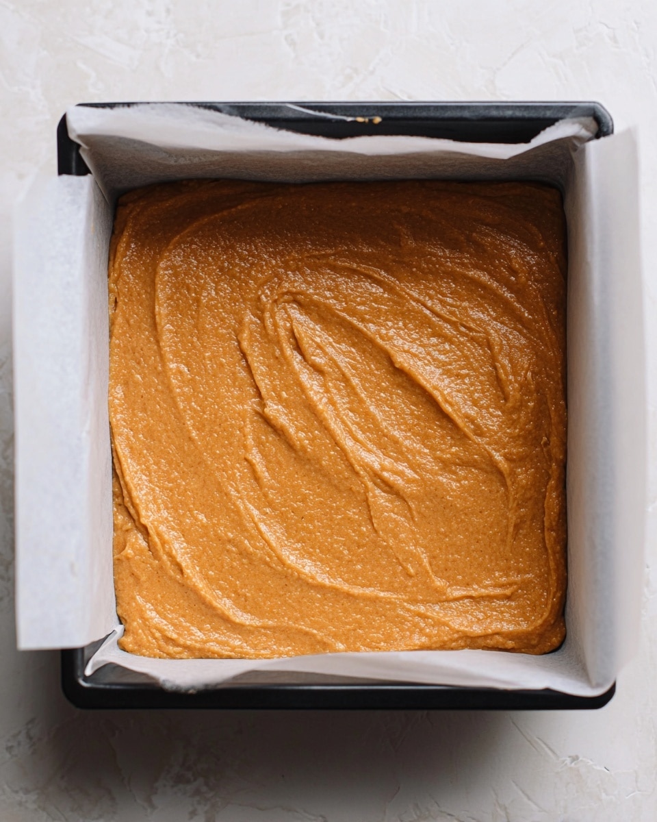 A square slice of pumpkin pie with a thick orange-colored filling sits on a white plate with a crumbly light brown crust. The pie has a smooth texture with a small dollop of white whipped cream sprinkled with a light dusting of brown cinnamon on top in the center. The pie slice shows a small part taken from one side, revealing the crust and filling layers clearly. Crumbs and a silver fork with some crumbs are placed near the slice on the plate, and the plate rests on a white marbled surface. Photo taken with an iphone --ar 4:5 --v 7