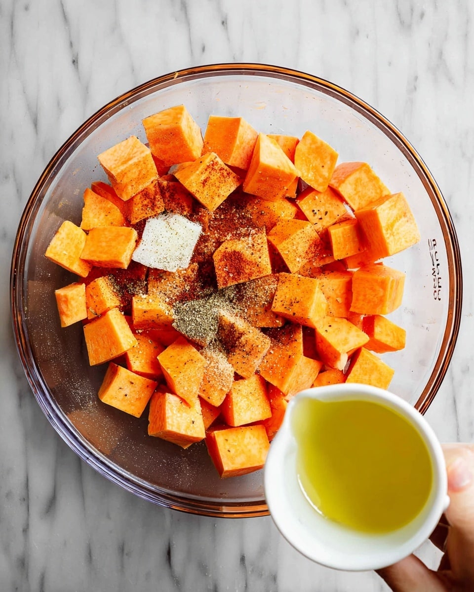 A clear glass bowl is filled with bright orange cubes of sweet potatoes, sprinkled evenly with different spices including a white powder, a light brown powder, a dark red powder, and black pepper, placed mostly in the center on top of the potatoes. On the right side, a woman's hand holds a small white cup tilted toward the bowl, pouring a stream of pale yellow oil over the potatoes. The bowl sits on a white marbled surface. photo taken with an iphone --ar 4:5 --v 7