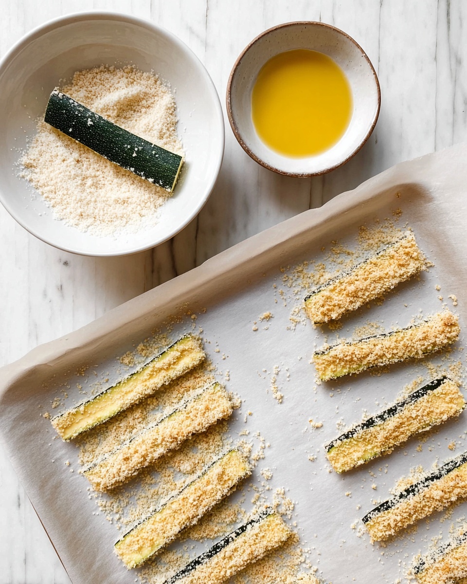 The image shows zucchini strips being coated for cooking. There are three layers of preparation visible: a bowl with a single dark green zucchini strip dipped in a yellow egg wash, a white bowl filled with white and light brown breadcrumb mixture with one zucchini strip resting on top covered in crumbs, and a baking tray lined with white parchment paper holding about ten zucchini strips fully coated in a thick layer of light-colored crumbs with dark green skin showing on top. The texture of the crumb coating looks rough and grainy. The scene is set on a white marbled surface. Photo taken with an iphone --ar 4:5 --v 7