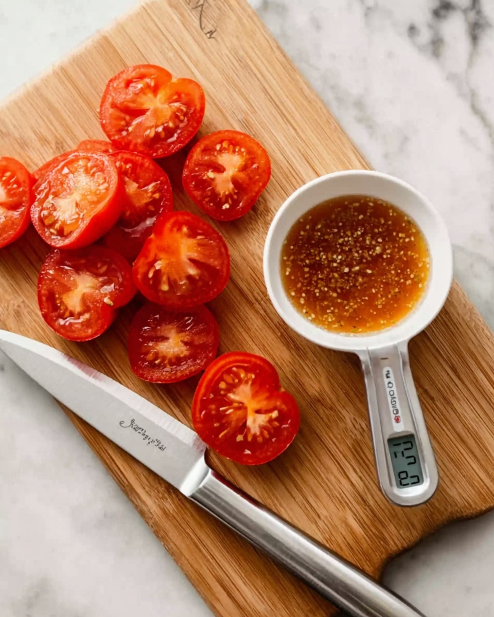 The image shows a small white bowl filled with a mixture of tomato seeds and juice. Next to it, on a wooden cutting board, there are ten red tomato halves arranged closely together. A knife with a silver blade and a measuring spoon with a digital display reading