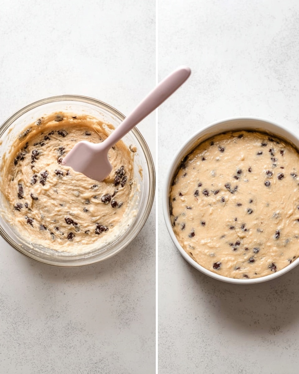 Two images show a thick light beige batter with small dark chocolate bits mixed in. On the left, a clear glass bowl holds the batter, with a light pink spatula resting inside it on a white marbled surface. On the right, the batter is spread evenly in a round white cake pan, showing the same color and chocolate bit distribution, also placed on a white marbled surface. Photo taken with an iphone --ar 4:5 --v 7