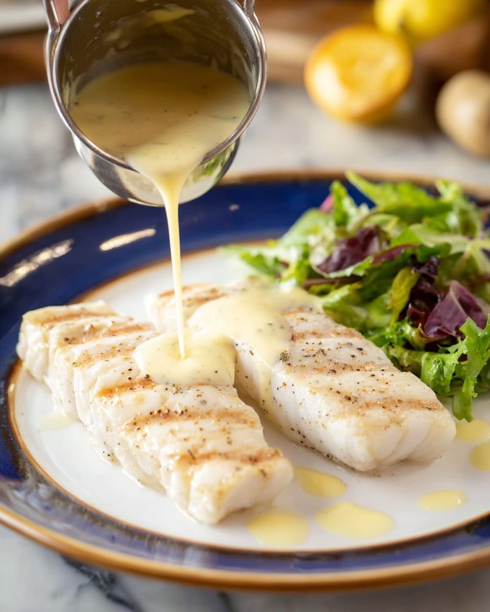 Two white fish fillets with light brown grill marks lie side by side on a white plate with a blue inside. The fillets show a soft flaky texture with pepper and light yellow seasoning visible on top. A woman's hand pours a creamy pale yellow sauce over the right fillet from a small shiny metal pitcher. On the right side of the fish, there is a small pile of mixed fresh green salad leaves in different shades of green and purple. The plate rests on a white marbled surface with out-of-focus yellow and brown objects in the background. Photo taken with an iphone --ar 4:5 --v 7
