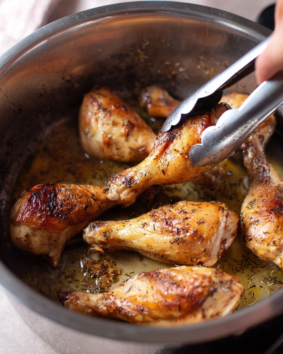 Inside a shiny metal pot, there are six cooked chicken drumsticks covered in a thick reddish-brown sauce. The chicken pieces show a slightly crispy, browned skin texture sprinkled with chopped green herbs on top. The sauce has a rich, smooth consistency that partly coats the chicken and pools around the bottom of the pot. The pot itself has a shiny metal inner surface with some marks of cooking on the edges. The entire scene sits on a white marbled surface. photo taken with an iphone --ar 4:5 --v 7
