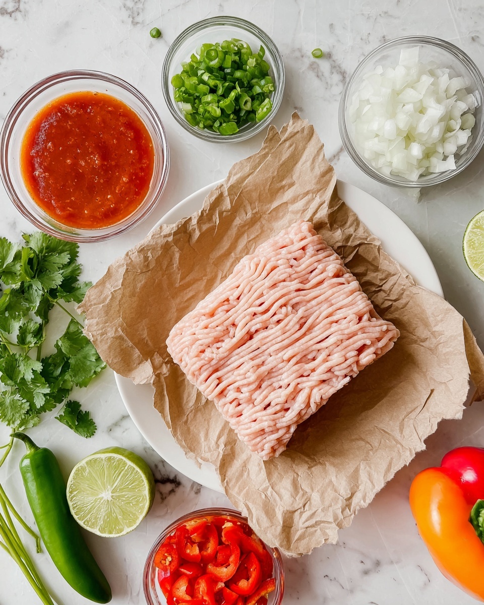 The image shows a block of pale pink raw ground meat placed on crumpled brown parchment paper, sitting on a white plate. Around the plate are small clear glass bowls filled with bright red sauce, chopped green peppers, fresh chopped cilantro, and finely chopped white onions with minced garlic. There are two halves of a fresh green lime, a whole green chili pepper, and two bell pepper halves, one red and one orange. The background is a white marbled surface. Photo taken with an iphone --ar 4:5 --v 7