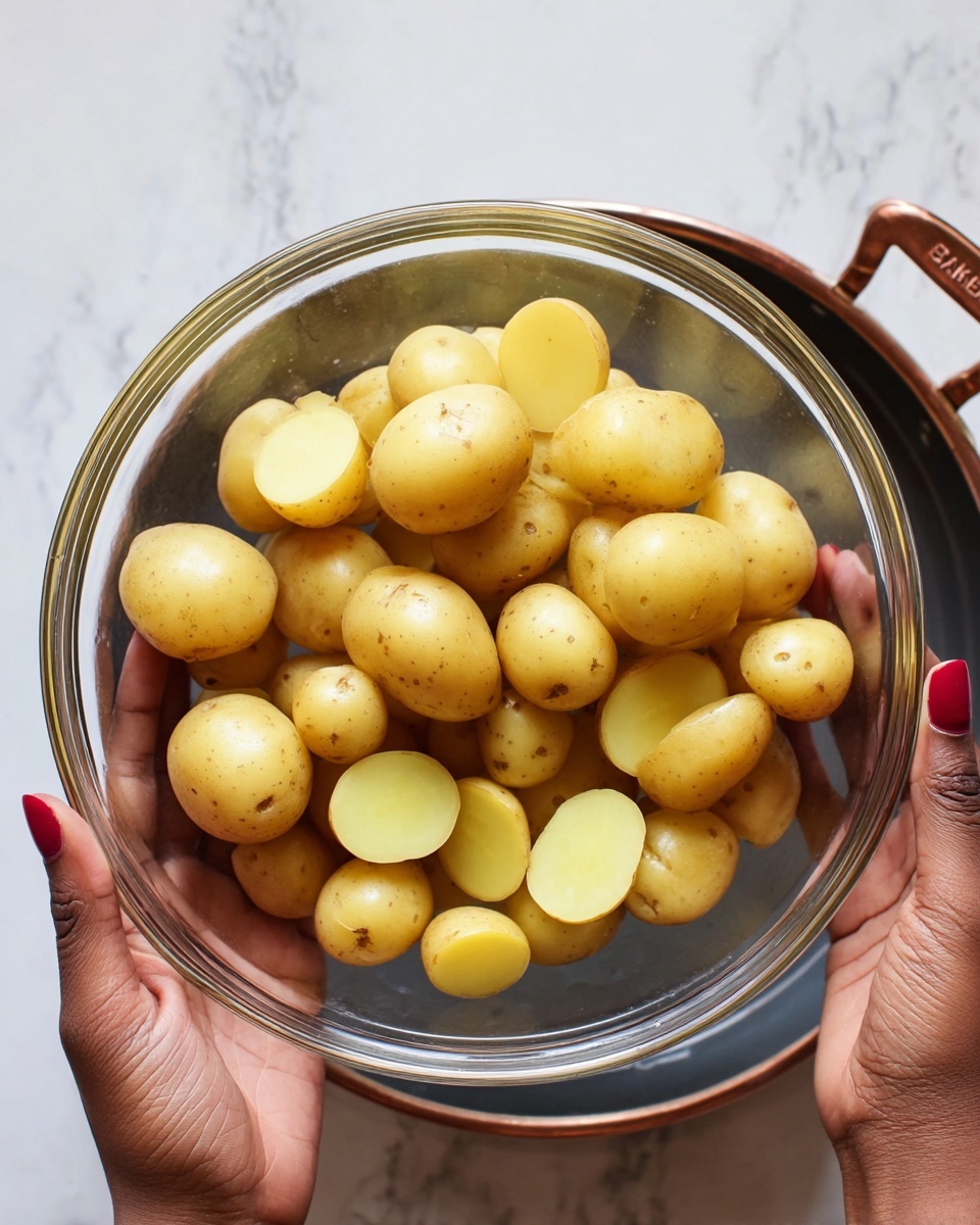 A clear glass bowl full of small yellow potatoes, some whole and some sliced in half showing their smooth, pale yellow inside. The bowl is held by two woman's hands with dark skin and red-painted nails. Below the bowl, a round pan with dark metal sides and copper-colored handles is partially visible. The background has a white marbled texture. photo taken with an iphone --ar 4:5 --v 7