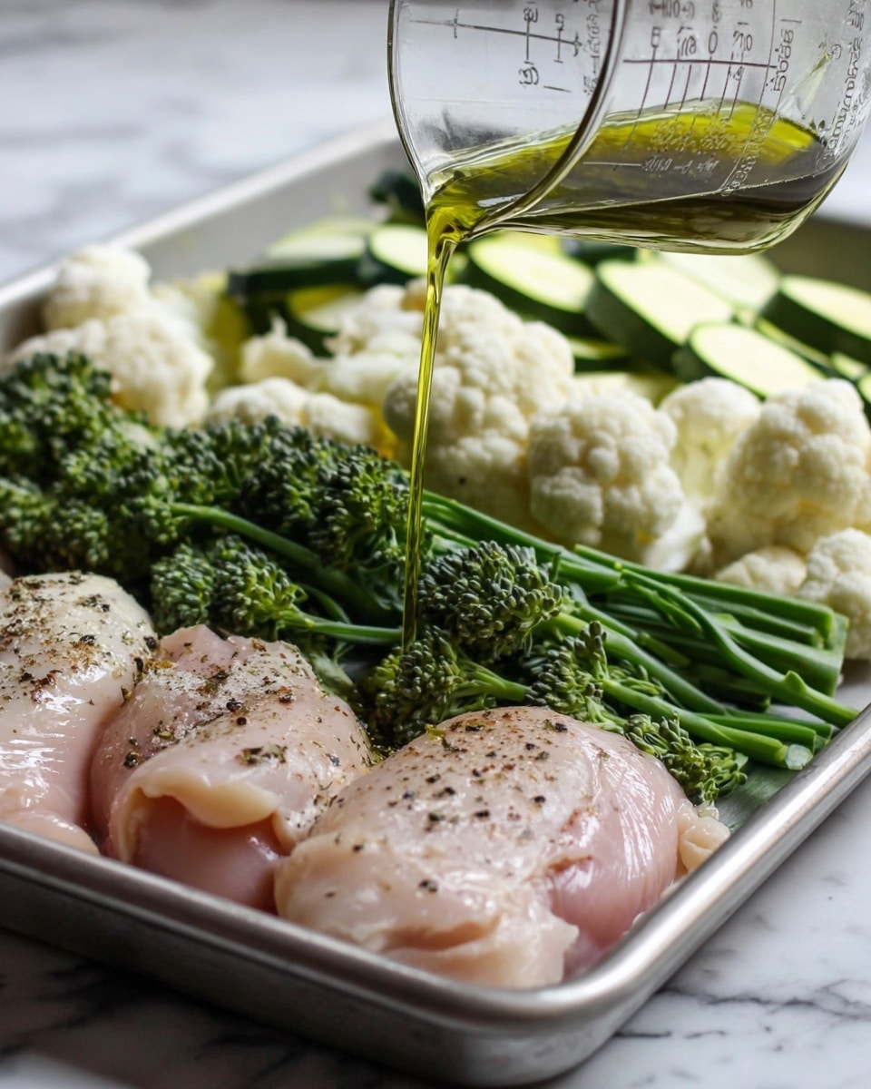 A metal baking tray holds a roasted meal with three main sections: two pieces of chicken at the front are covered in a dark green herb mixture with a slightly crispy texture, the middle section features roasted broccolini with bright green stalks and charred tips, and the back section contains roasted cauliflower pieces in off-white with golden edges and some olive-green zucchini slices mixed in. The tray rests on a white marbled surface. photo taken with an iphone --ar 4:5 --v 7