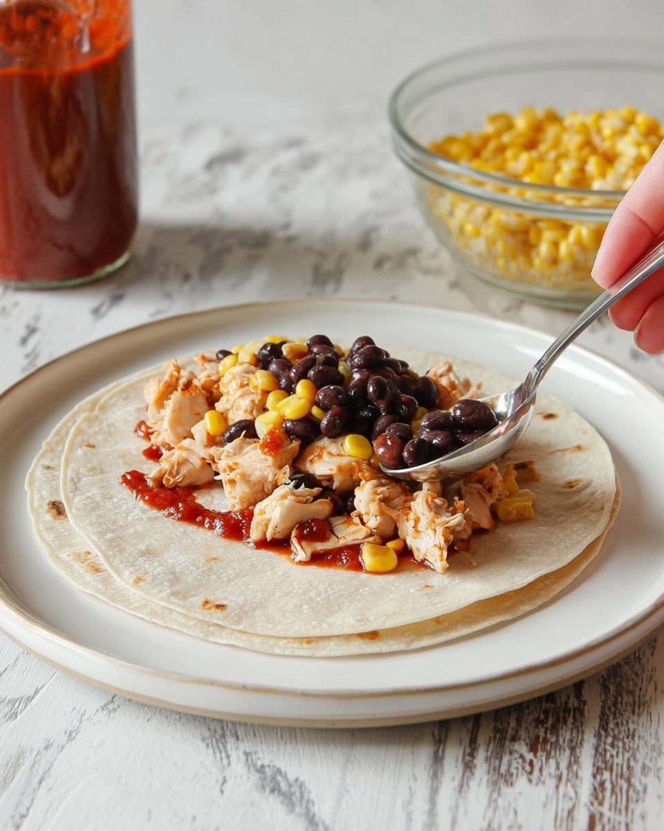 A stack of three soft, light beige tortillas sits on a white plate with visible thin texture. On the top tortilla, there is a layer of red sauce spread thinly in the middle. Over the sauce, a mix of cooked light brown chicken pieces, yellow corn kernels, and translucent cooked onions forms the second layer. On top of this, shiny black beans are being added with a silver spoon held by a woman's hand, creating a third layer. In the background, a clear glass bowl filled with yellow corn and a red bottle are visible, all set against a white marbled surface. Photo taken with an iphone --ar 4:5 --v 7