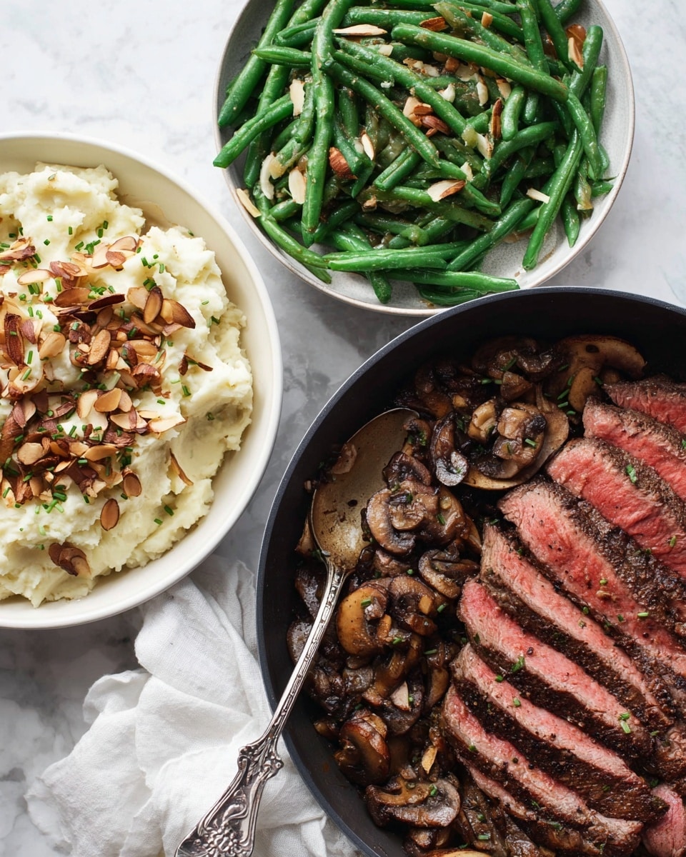 A white plate holds four layers of food arranged side by side. On the left is a group of bright green beans topped with thin slices of brown almonds. Next to the beans is a layer of mashed potatoes with small bits of skin and green herbs mixed in, topped with a pool of light brown onion gravy with visible slices of cooked onion in the center. To the right of the mashed potatoes is a pile of sautéed mushrooms, browned and shiny, mixed with green herbs. The bottom section of the plate shows several thick slices of medium-rare steak, with a browned peppered crust and pink center. A silver fork rests on the left edge of the plate. The plate is set on a white marbled surface with part of a white bowl of mashed potatoes and a white bowl of brown gravy visible around the edges of the image. Photo taken with an iphone --ar 4:5 --v 7