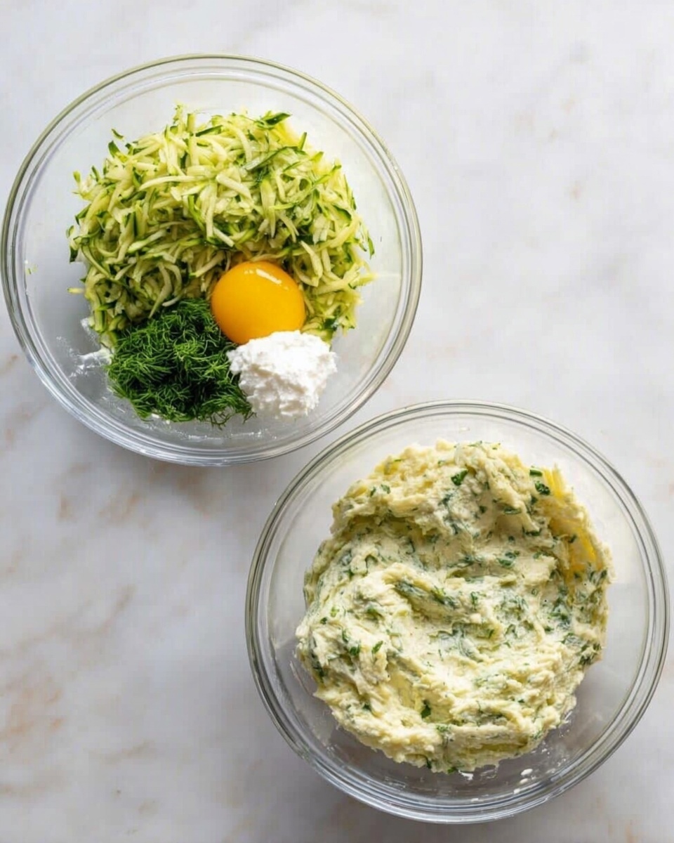 The image shows two clear glass bowls on a white marbled surface. The bowl on the left contains separate layers of different ingredients: a large pile of shredded green zucchini on the upper left side, finely chopped green herbs below it, an egg yolk with a bright yellow color near the center, and a dollop of white soft cheese on the bottom right. The bowl on the right shows all these ingredients mixed into a thick, creamy, pale mixture with green specks evenly distributed throughout, giving it a textured look. The photo taken with an iphone --ar 4:5 --v 7