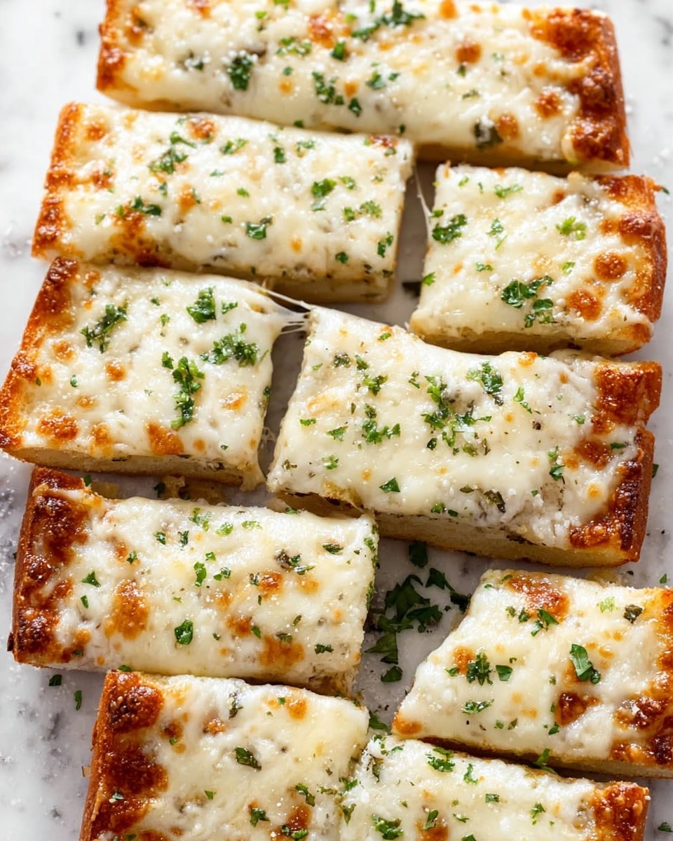 The image shows eight rectangular slices of cheesy garlic bread placed closely together. Each slice has three main layers: the bottom golden-brown toasted bread layer with a slightly crispy texture, the middle layer of melted garlic butter spread that gives a shiny smooth look, and the top layer of melted white cheese with browned spots and sprinkled green herbs, likely parsley. The cheese covers the bread completely, stretching slightly between slices, with some small bubbles and a light sprinkle of grated cheese or seasoning visible on top. The slices rest on a white marbled surface. Photo taken with an iphone --ar 4:5 --v 7