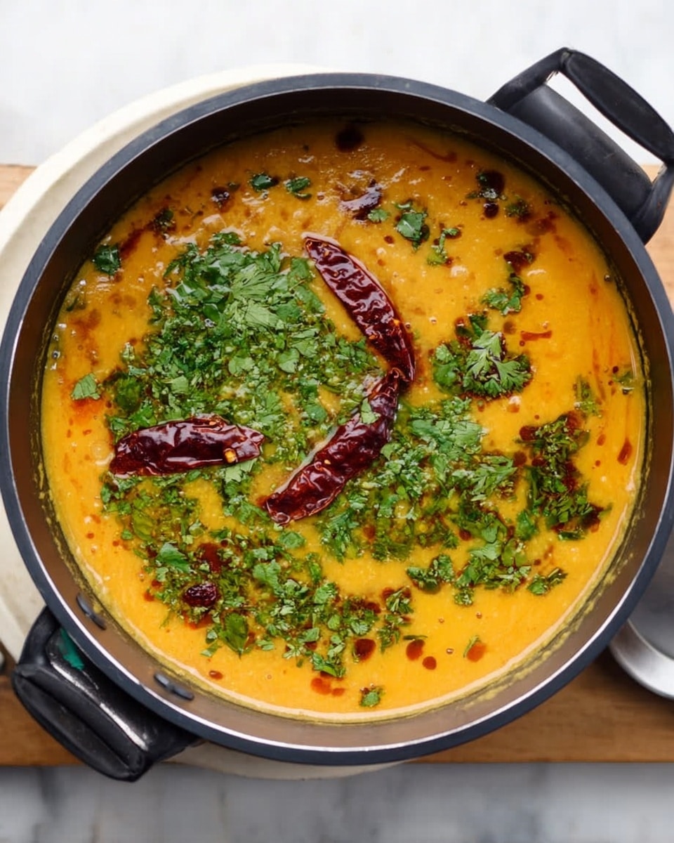 A black electric pot sits on a white marbled surface with two dried red chili peppers and two pale green vegetable slices around it. Inside the pot, there is a yellow-orange soup with visible turmeric powder and several long, pale green slices of vegetable floating near the top. The liquid looks smooth with a slightly oily texture reflecting light from above. The edges of the pot are shiny and black, framing the rich broth inside. Photo taken with an iphone --ar 4:5 --v 7