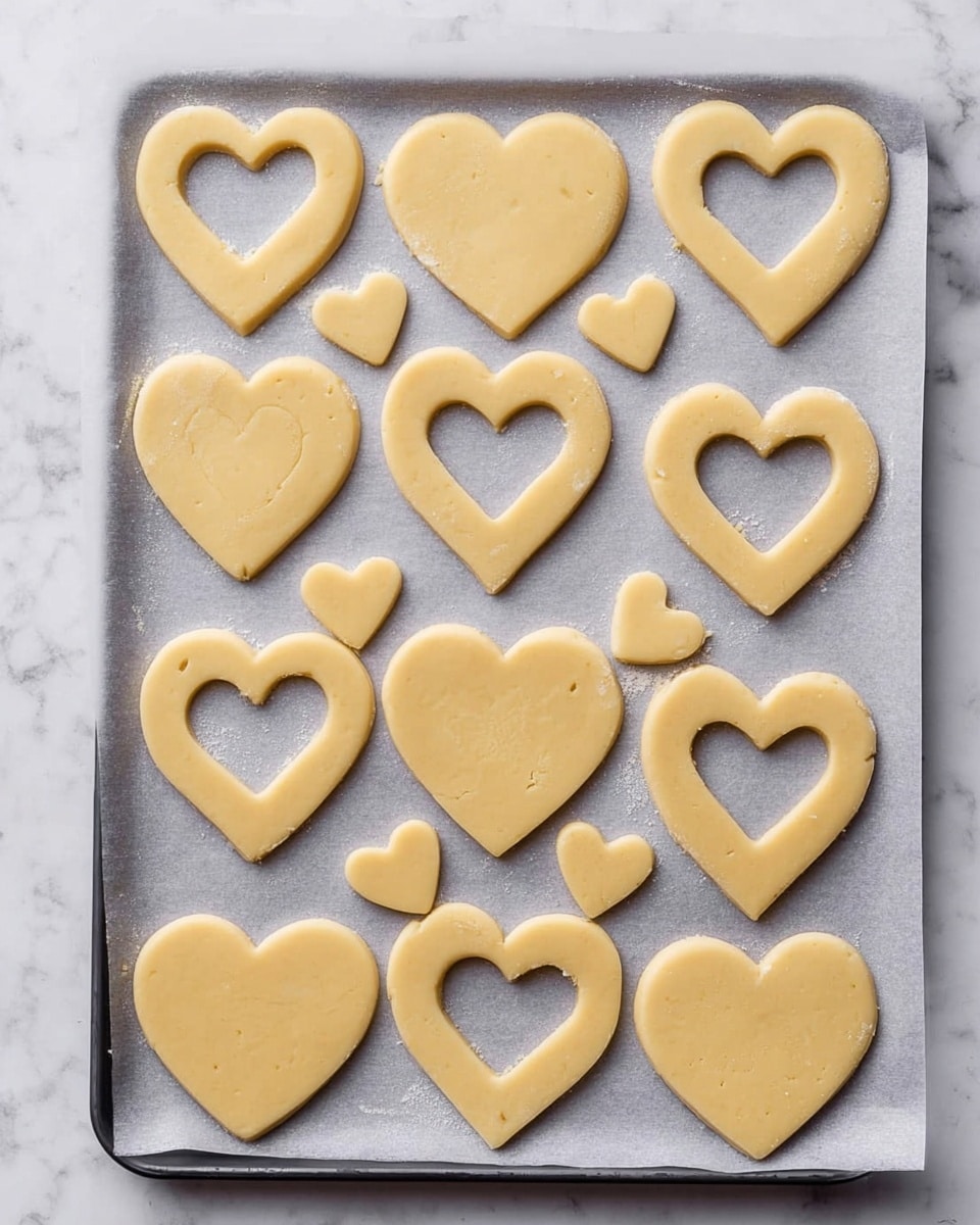 The image shows a baking tray covered with parchment paper on a white marbled texture surface, filled with raw dough cut into shapes. There are 15 heart-shaped dough pieces arranged in rows; 12 of them have smaller heart shapes cut out in the middle, showing hollow centers, while 3 hearts are whole without cutouts. Scattered around the hearts are several small solid heart dough shapes. The dough is pale yellow with a smooth texture. photo taken with an iphone --ar 4:5 --v 7