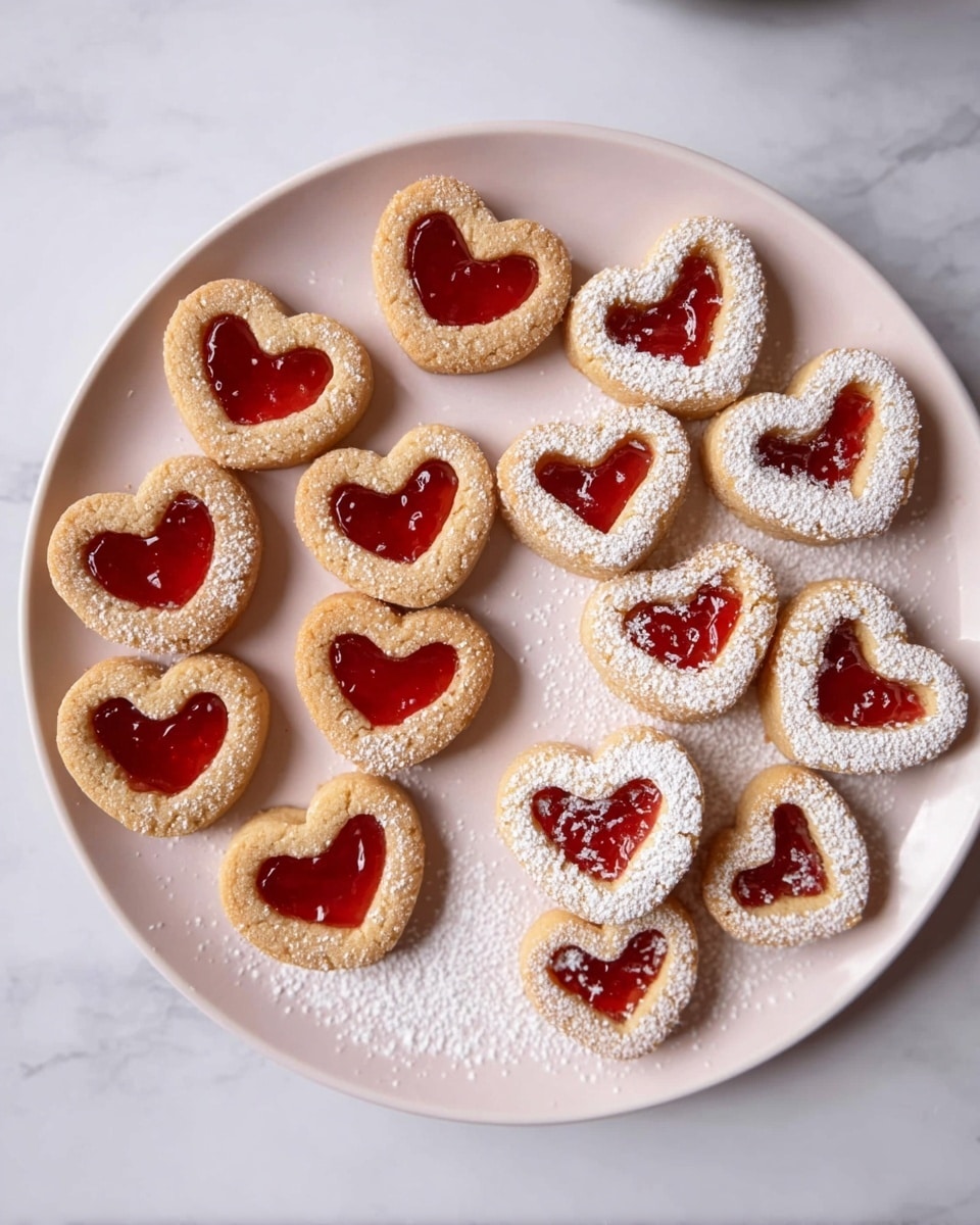 A round white plate shows two groups of small heart-shaped cookies on a white marbled surface. On the left side, there are ten golden brown cookies each topped with a bright red jelly layer, smooth and shiny, filling the top center of each heart. On the right side, there are eleven golden brown heart-shaped cookies with smaller heart cutouts in the middle, lightly dusted with white powdered sugar giving a soft, snowy texture. The plate holds a few sprinkles of powdered sugar around the cookies. Photo taken with an iphone --ar 4:5 --v 7