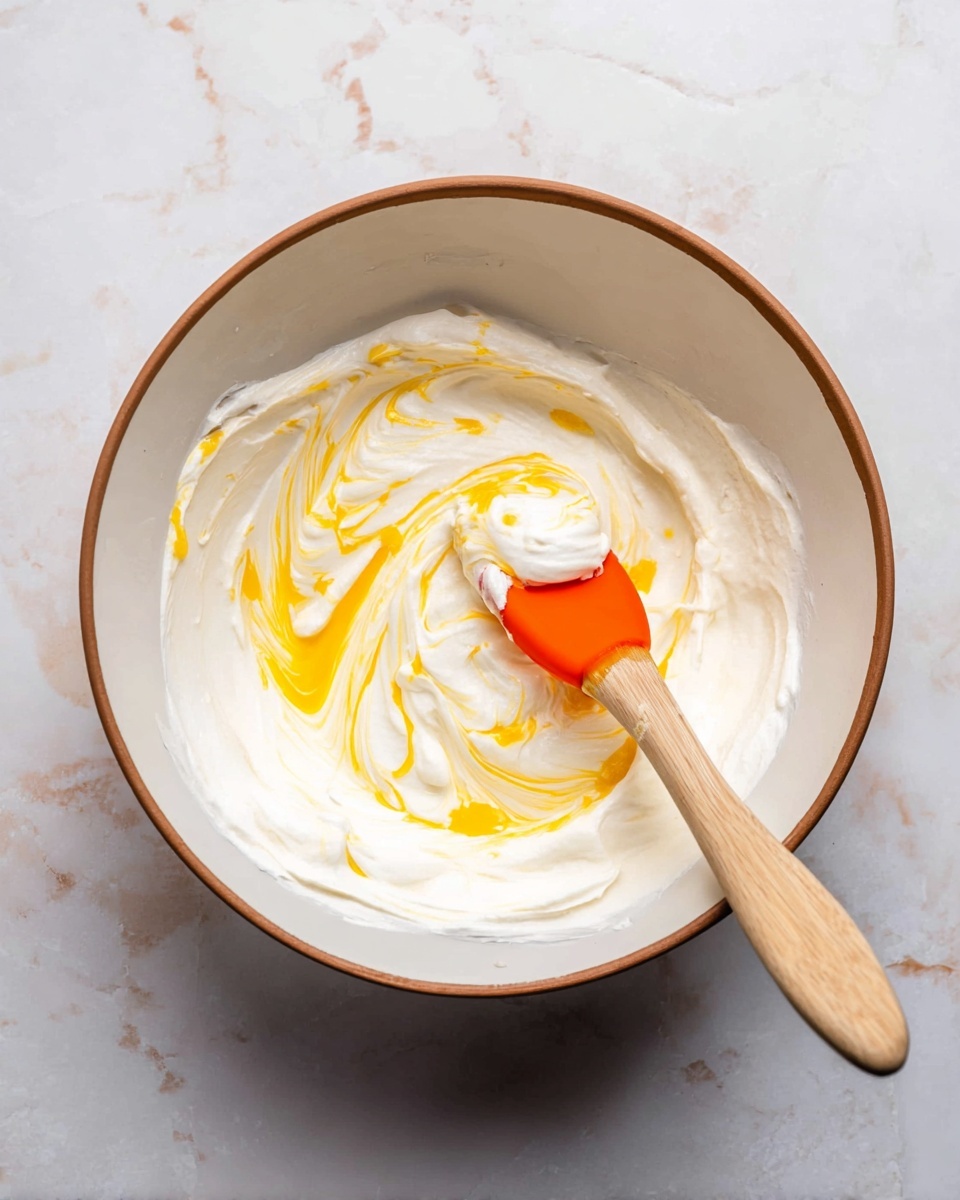 A white bowl with a thin brown rim contains a smooth, creamy white mixture with streaks of yellow swirled through it. A wooden spatula with an orange silicone tip rests inside the bowl, partially covered in the mixture. The bowl sits on a surface with a white marbled texture, creating a clean and simple background. photo taken with an iphone --ar 4:5 --v 7