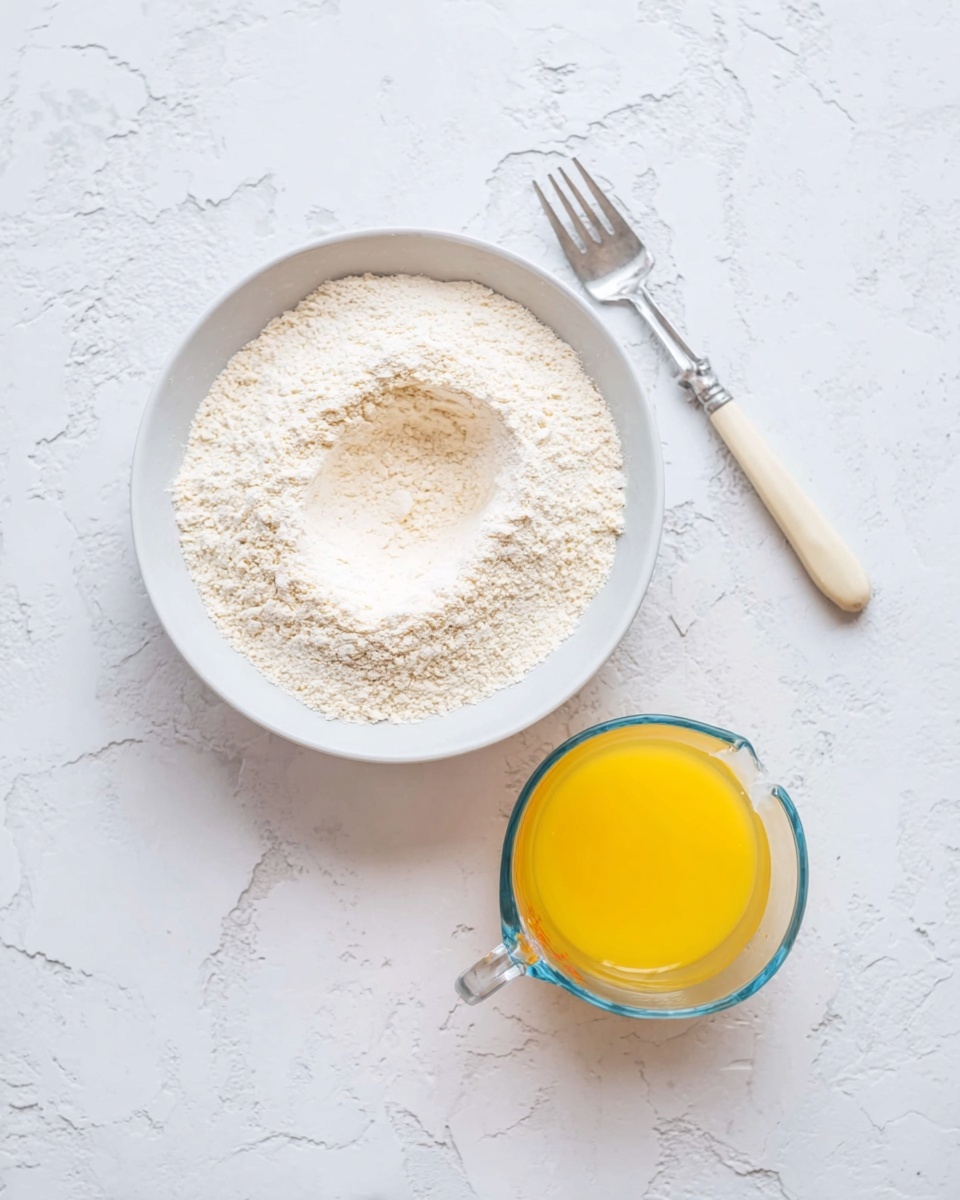 A white bowl filled with a light beige powdery substance with a hollow space in the center, placed on a white marbled surface. To the right of the bowl is a clear glass measuring cup showing a bright yellow liquid inside. Above the bowl and cup is a silver fork with a cream-colored handle resting on the same white marbled background. The overall setup is simple and clean. photo taken with an iphone --ar 4:5 --v 7
