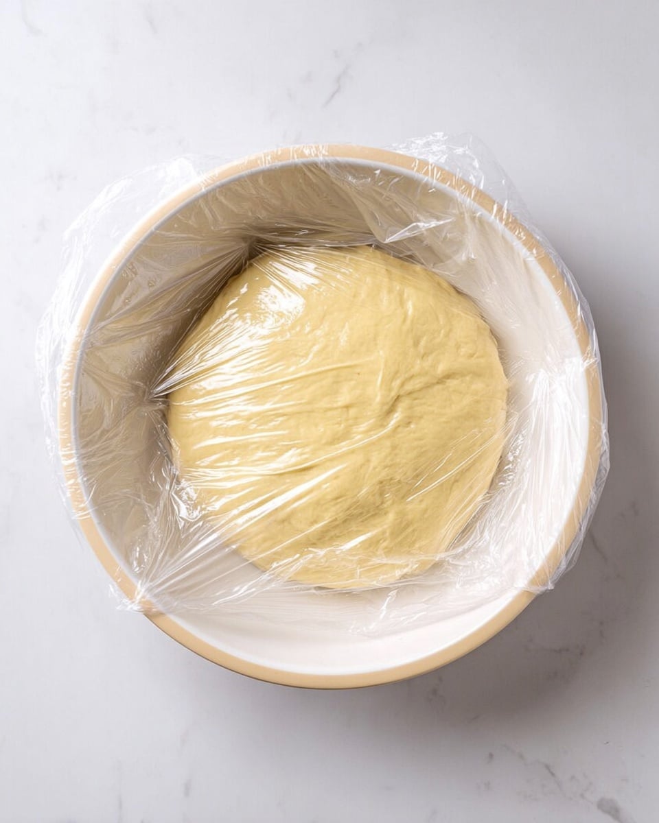 A single layer of thick, smooth, pale yellow dough sits in the middle of a white bowl with a light beige rim. The dough is covered loosely with transparent plastic wrap that has slight wrinkles and shines under the light. The bowl is placed on a white marbled surface, giving a clean and simple look. photo taken with an iphone --ar 4:5 --v 7
