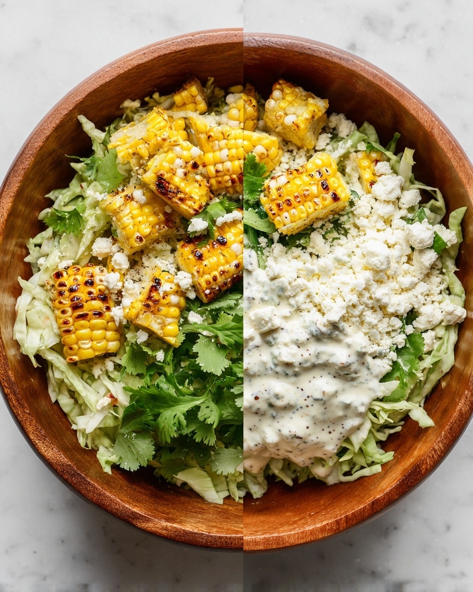 A wooden bowl sits on a white marbled surface, filled with a fresh salad in two views. The base layer is light green shredded cabbage that fills most of the bowl, topped on one side by bright green cilantro leaves. There are golden yellow grilled corn pieces with slightly blackened grill marks scattered over the cilantro and cabbage. On another side, there is a layer of crumbly white cheese. In the second view, a creamy white sauce with black specks covers much of the cheese, corn, and cilantro while still allowing some ingredients to show through. The textures range from crisp cabbage, soft cheese, chunky corn, and smooth sauce. Photo taken with an iphone --ar 4:5 --v 7