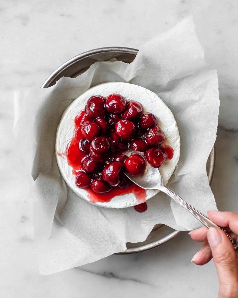 A small round white soft cheese forms the first layer, placed on white parchment paper inside a metal tray. On top, a shiny red cherry compote with whole cherries and syrup is spread unevenly, creating a vibrant contrast with the white cheese. A silver spoon lifts some of the compote while a woman's hand holds the spoon on the right side of the image. The scene is set on a white marbled surface with soft natural light giving a fresh and clean look. Photo taken with an iphone --ar 4:5 --v 7