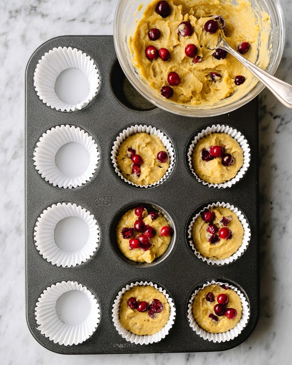 A clear glass bowl on a white marbled surface holds a thick yellow batter spread evenly inside, with bright red whole cranberries scattered on top. A shiny silver spoon stands inside the batter on the right side, partially submerged. Behind the bowl, there is a white bowl filled with more red cranberries. The lighting shows a clean and fresh kitchen setting. photo taken with an iphone --ar 4:5 --v 7