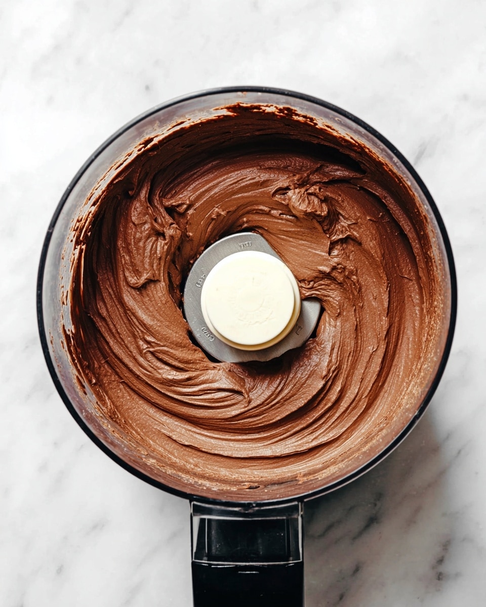 A clear round food processor bowl filled with smooth, thick chocolate mousse-like mixture that is rich brown and creamy in texture. The mixture swirls around the white central blade attachment, showing soft folds and a velvety surface. The food processor base is black, resting on a white marbled texture surface. photo taken with an iphone --ar 4:5 --v 7