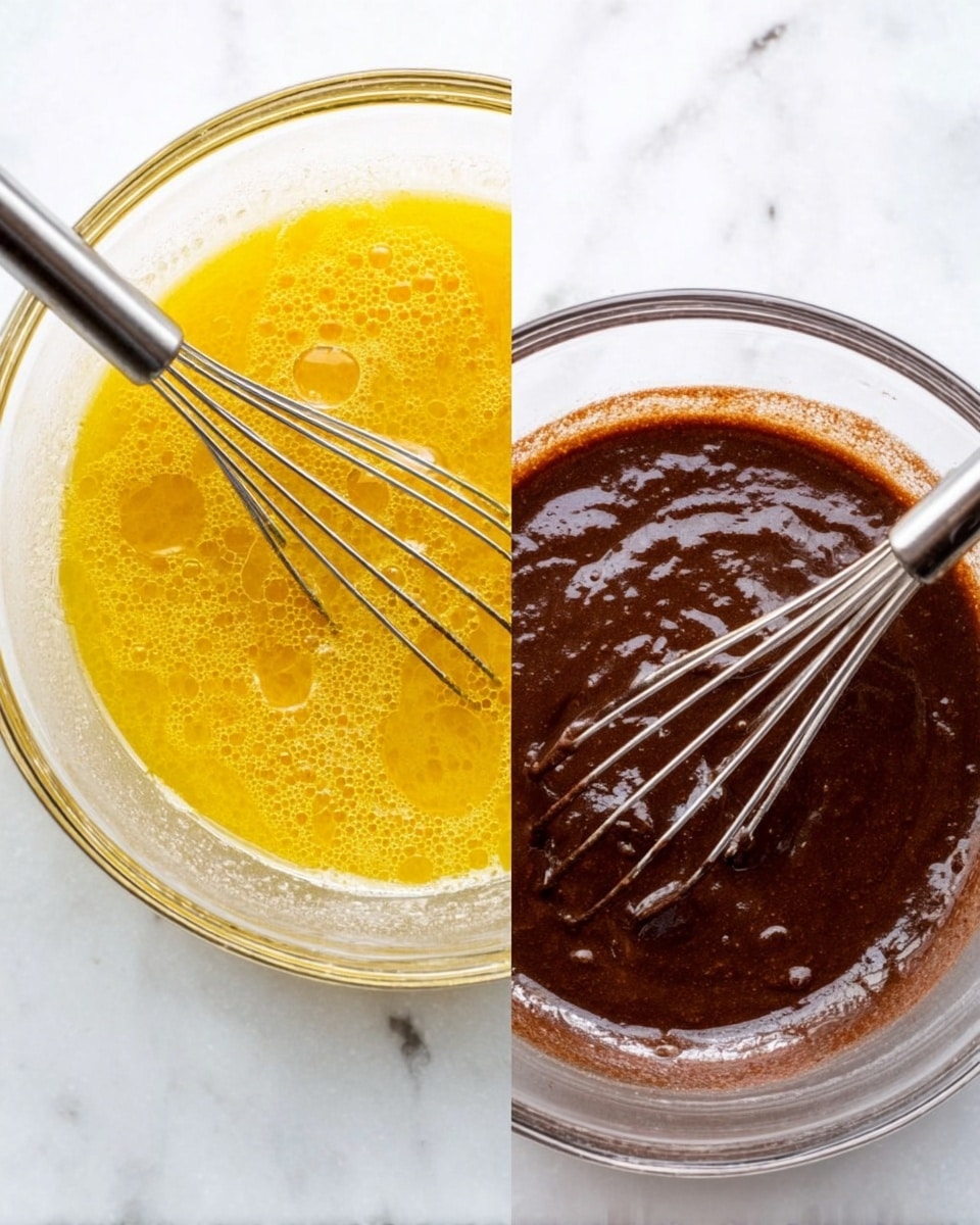 The image shows two clear glass bowls placed side by side on a white marbled surface. The bowl on the left contains a golden yellow mixture with bubbles on the surface, and a metal whisk resting inside, partially submerged. The bowl on the right holds a thick dark brown mixture, also with a metal whisk inside, covered lightly with the mixture. Both bowls have a glossy texture and the whisk handles extend out toward the front. Photo taken with an iphone --ar 4:5 --v 7