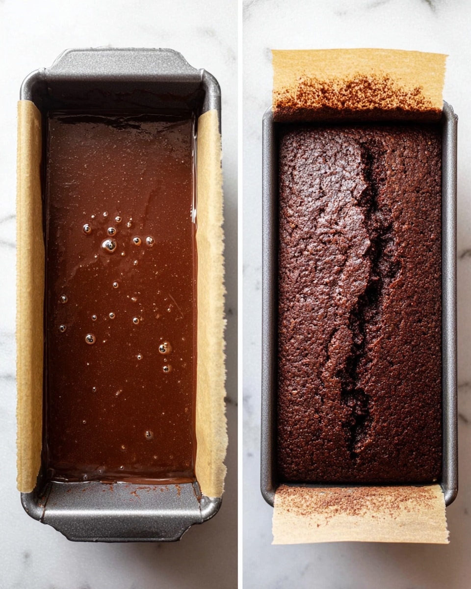 The image shows two side-by-side views of a chocolate cake in a rectangular metal pan lined with baking paper. On the left, the pan is filled with smooth, dark brown chocolate batter, with small bubbles on the surface and some batter dripping slightly over the edge of the paper. On the right, the baked cake is rich dark brown and has a cracked, rough texture on top, sitting on the parchment paper which has brown crumbs around the edges. The background is a white marbled surface. photo taken with an iphone --ar 4:5 --v 7