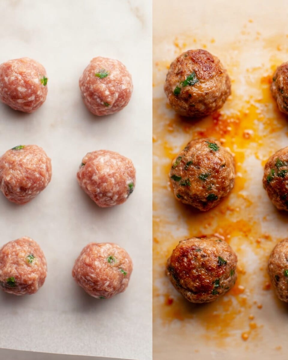 The image is split into two parts, showing round meatballs on a sheet of parchment paper placed on a white marbled surface. On the left side, there are six raw meatballs arranged in two vertical lines, each meatball pinkish with small green herb pieces embedded, appearing smooth and fresh. On the right side, there are six cooked meatballs in roughly the same arrangement, their outer layer browned with a slightly crispy texture, still showing small green herb bits, and some oily orange spots scattered on the parchment paper around them. photo taken with an iphone --ar 4:5 --v 7