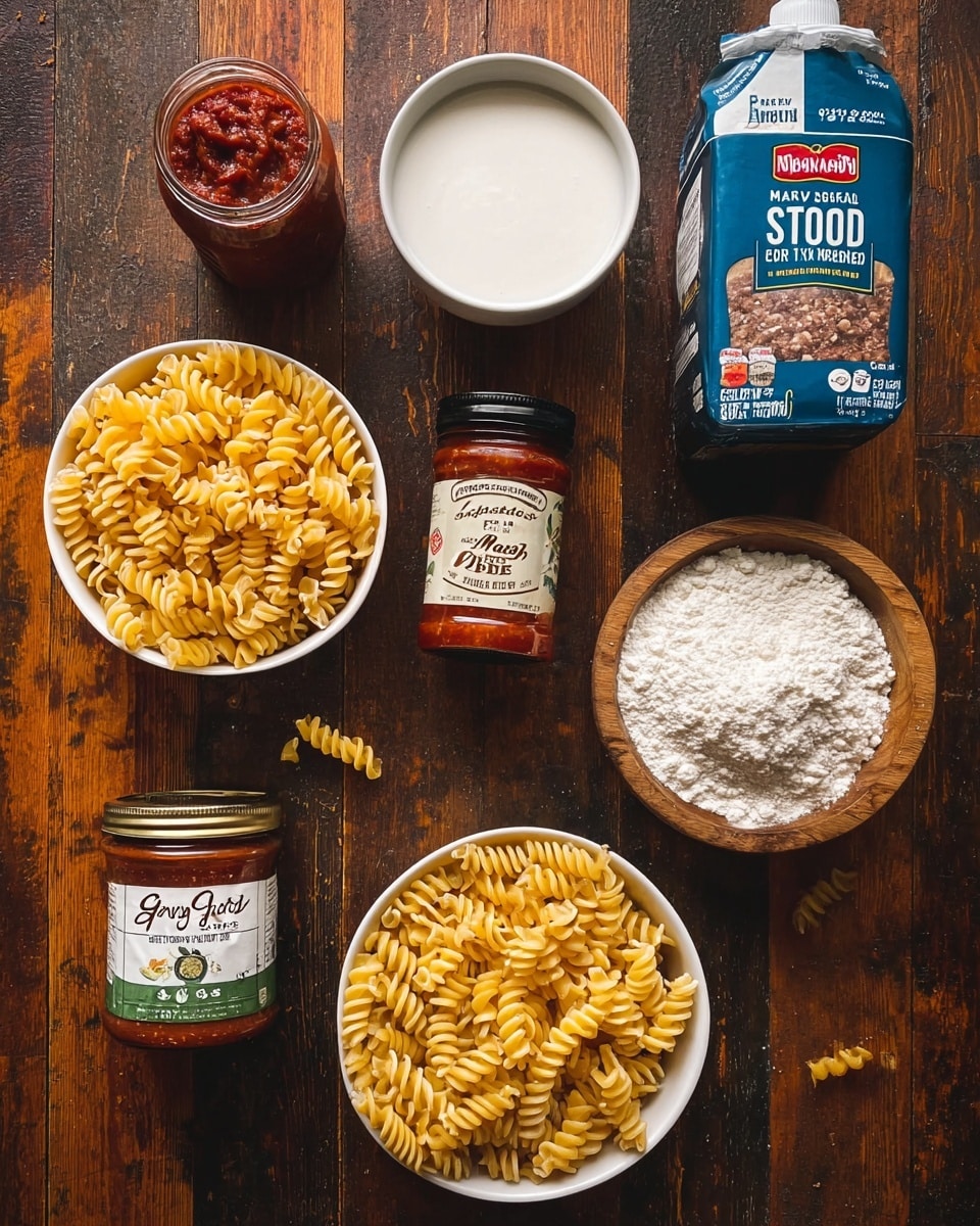 The image shows an overhead view of several ingredients arranged on a dark wooden surface. There are two white bowls filled with yellow spiral pasta, one at the bottom left and one center left. A white bowl at the top center is filled with milk. On the right side, there is a wooden bowl filled with white flour. Between these bowls are jars and cartons: in the top left is a jar of tomato paste, in the middle is a jar of organic sundried tomatoes, below it is a spice jar labeled