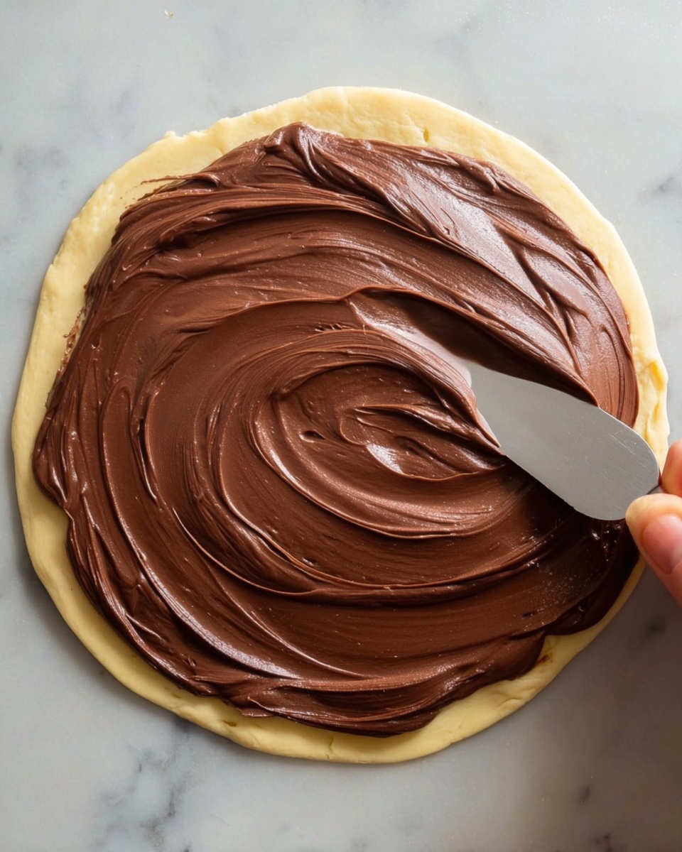 A round flat pastry with a light beige color is placed on a white marbled surface. On top of it, there is one thick, smooth layer of dark brown chocolate spread that is being evenly spread with a metal spatula. The chocolate spread has a creamy texture with soft swirls and shiny highlights reflecting light, covering nearly the entire pastry surface. A woman's finger is visible at the bottom edge, holding the pastry steady. Photo taken with an iphone --ar 4:5 --v 7
