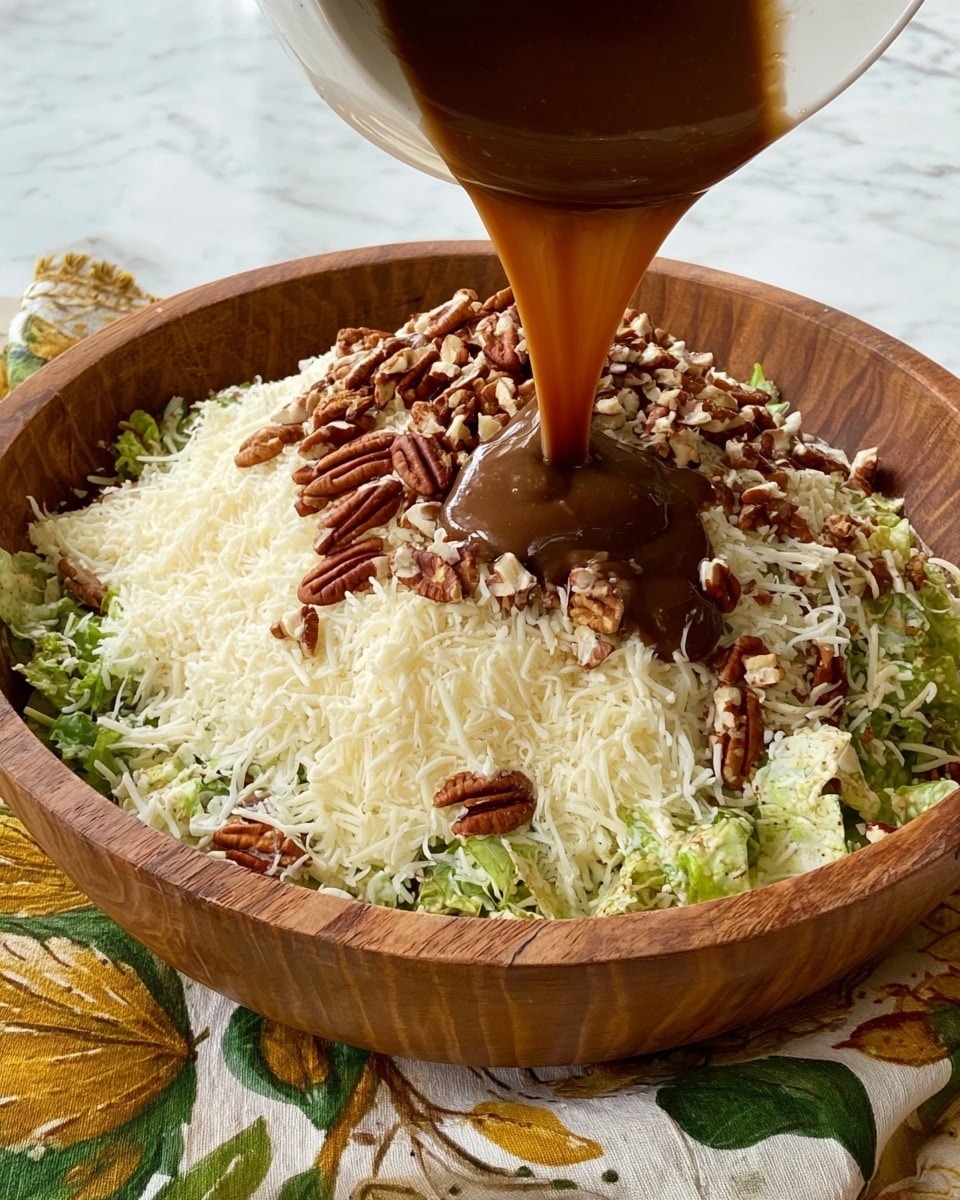 A wooden bowl contains a salad with several layers; the bottom layer is fresh green pieces with chopped pecans scattered mostly around the edges. Above this is a thick layer of finely shredded white cheese covering most of the salad. On top of this cheese layer, a thick brown dressing is pouring down in a smooth stream. The bowl is on a cloth with a pattern of green and mustard yellow leaves, and the background is a white marbled texture. Photo taken with an iphone --ar 4:5 --v 7