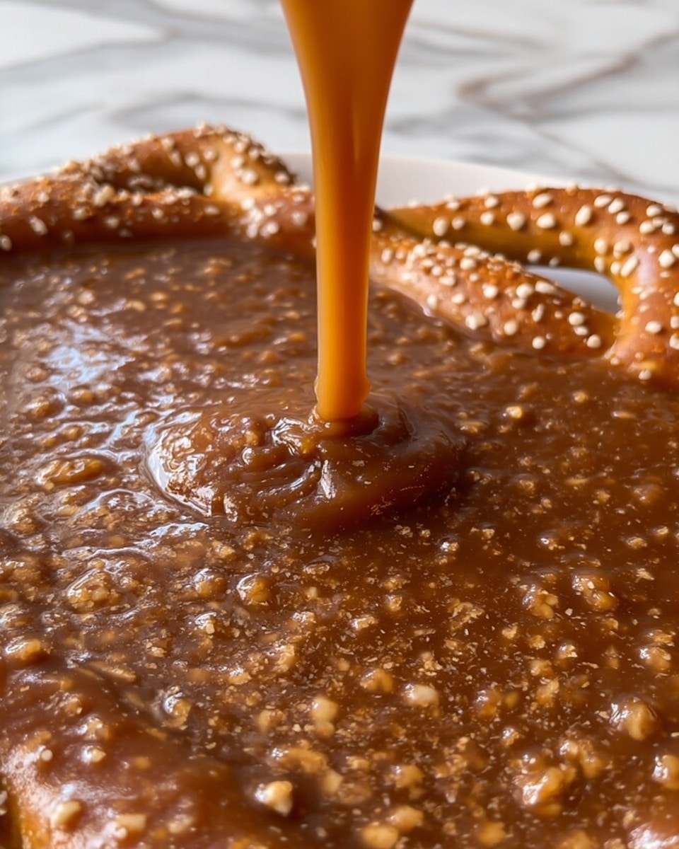 A close-up shot shows a thick layer of caramel sauce with small nut pieces spread over a white plate. The caramel is rich brown with a glossy, smooth, and slightly sticky texture, showing small bubbles and bits of nuts within it. A woman's hand pours more caramel sauce from above, creating a small mound in the center. Behind the caramel layer, the edge of a twisted pretzel is visible, light golden brown in color. The background features a white marbled texture. photo taken with an iphone --ar 4:5 --v 7