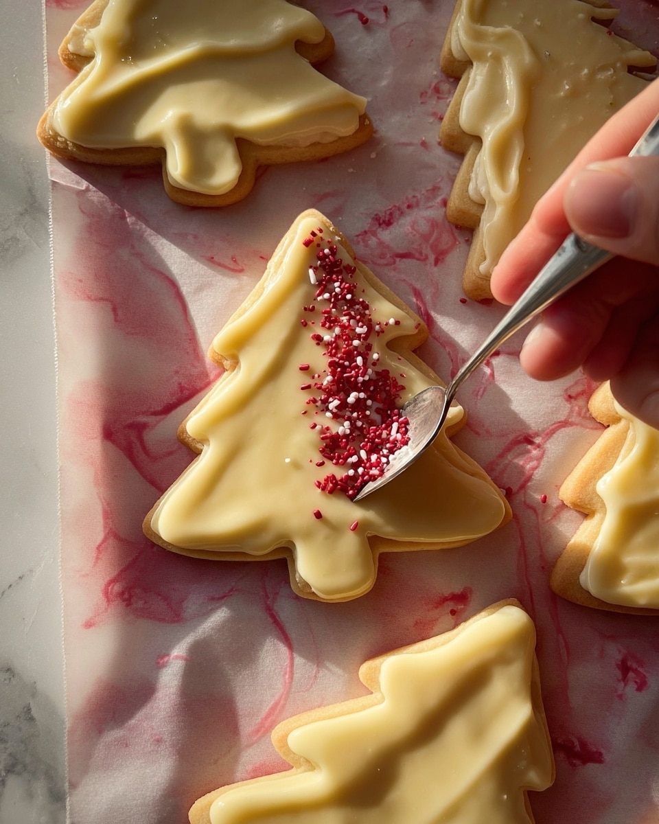 The image shows Christmas tree-shaped cookies with a smooth layer of light yellow icing spread evenly on top. One cookie is in the middle with red small sprinkle pieces being added on half of its surface by a spoon held in a woman's hand at the right side. The cookies are placed on pink and white marbled paper over a white marbled surface. The light creates soft shadows, giving the scene a warm and cozy feeling. Photo taken with an iphone --ar 4:5 --v 7