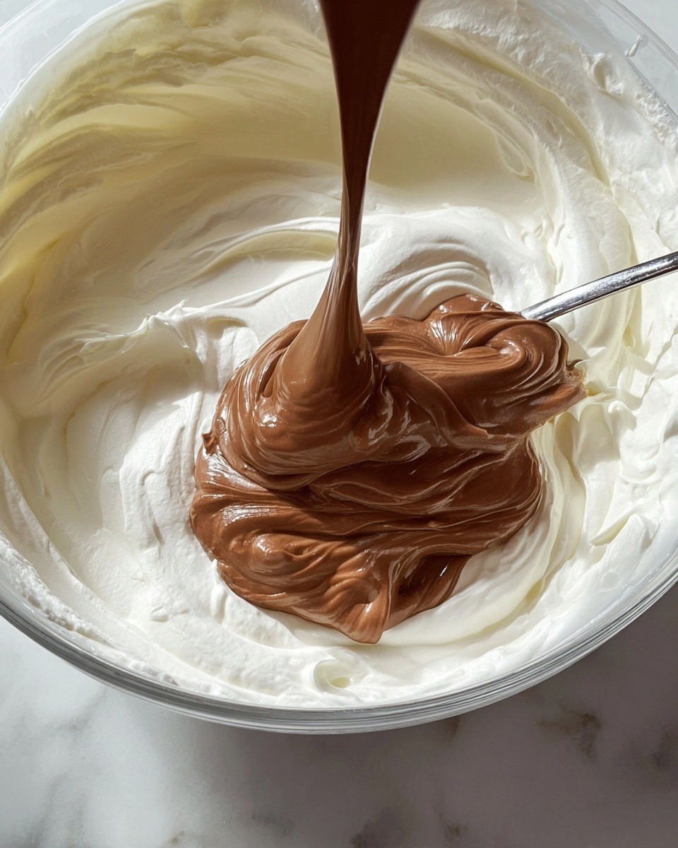 A close-up image showing two layers of creamy mixtures in a clear bowl on a white marbled surface; the bottom layer is smooth, thick, and white whipped cream spread evenly inside the bowl, while a thick, smooth, brown chocolate mixture is being poured slowly in the center, creating a rich swirl as it lands on the white base, with a silver spoon partially submerged at the right side blending the white cream; the scene captures the mix of the two textures and colors. photo taken with an iphone --ar 4:5 --v 7