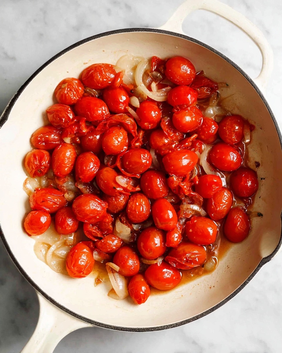 A white cast iron pan filled with bright red cherry tomatoes and cooked light brown onion slices. The tomatoes are whole, shiny, and slightly wrinkled, showing they are cooked but still holding shape. The onions are soft and spread evenly among the tomatoes, with a bit of liquid visible at the bottom. The pan sits on a white marbled surface. photo taken with an iphone --ar 4:5 --v 7
